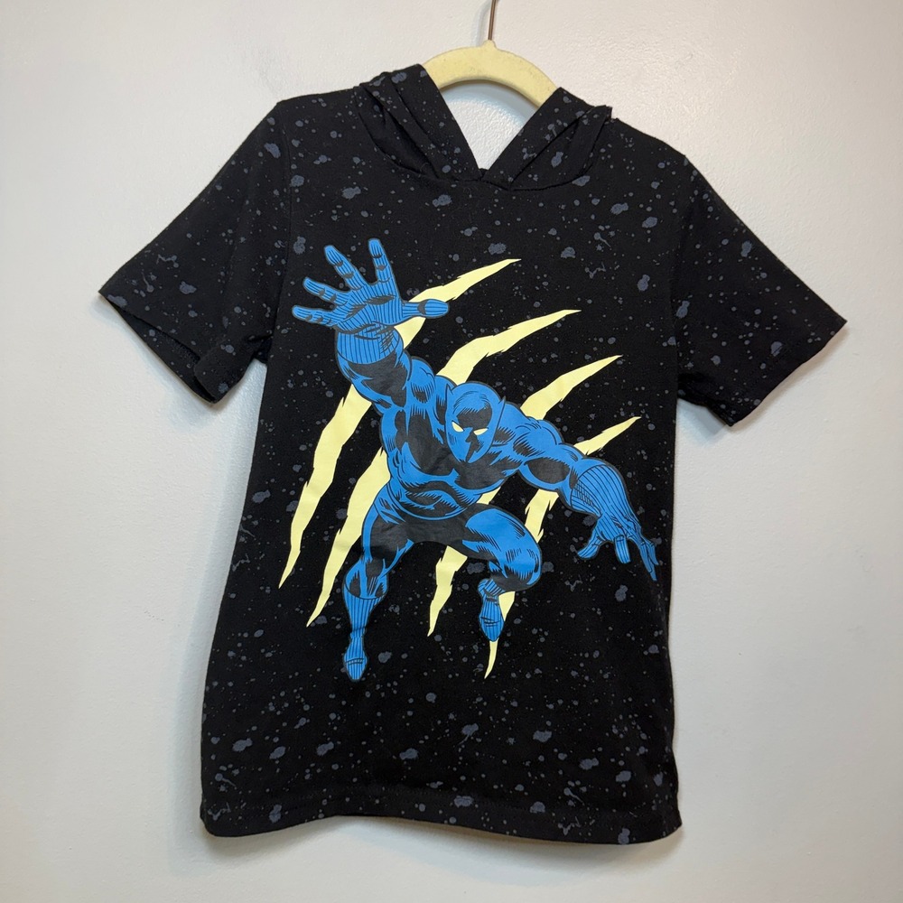 Marvel Black Panther Boys Splatter Hooded Graphic T-Shirt Size 7 3D Ears